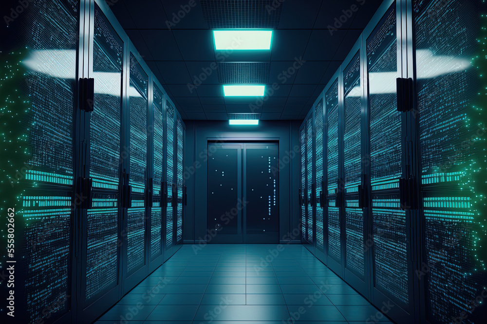 Wall mural Server racks in the cloud data center's server room. exit door hardware cluster in a data center. Information about backup, hosting, mainframes, farms, and computer racks with storage. Generative AI