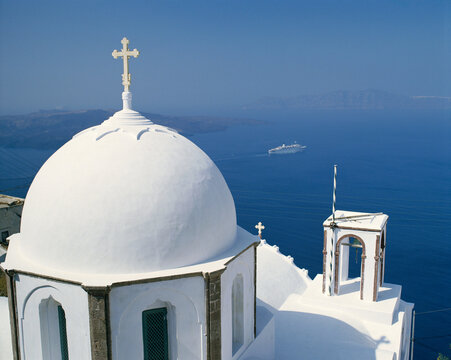 Grecian Church with Cruise Ship Greece