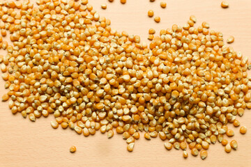 Pile of yellow corn seeds isolated on brown wooden background, for popcorn.