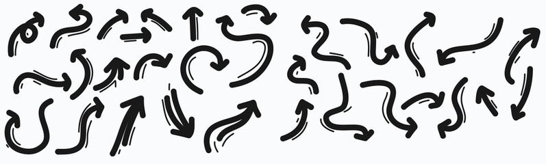 Hand drawn black arrows isolated. Vector line doodles isolated on white. Isolated vector hand drawn arrows set on a white background