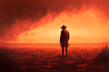 A Sad Farmer looking at his burning farm