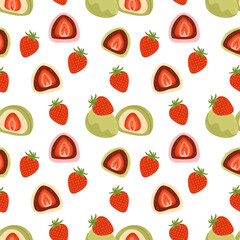 Daifuku seamless pattern vector. Daifuku and strawberries on white background. Japanese desserts.