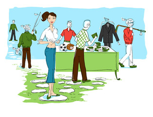 Illustration of Woman Selling Men's Items at Yard Sale