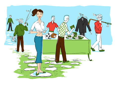 Illustration of Woman Selling Men's Items at Yard Sale