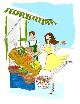 Illustration of Woman Flirting with Grocer