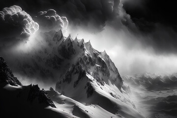 Snow and clouds cover the mountain range. Generative AI