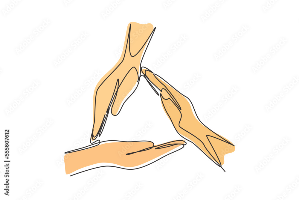 Poster single continuous line drawing three palm hands make triangle frame shape. symbol of safety. communi