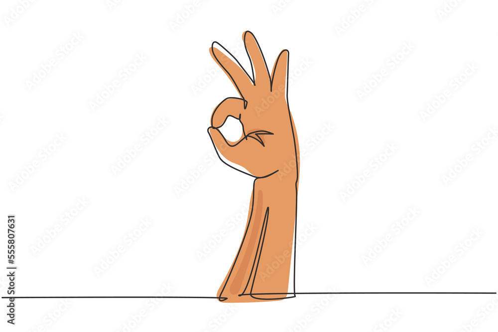 Poster single one line drawing hand showing okay or perfect gesture. number three hand count. learn to coun