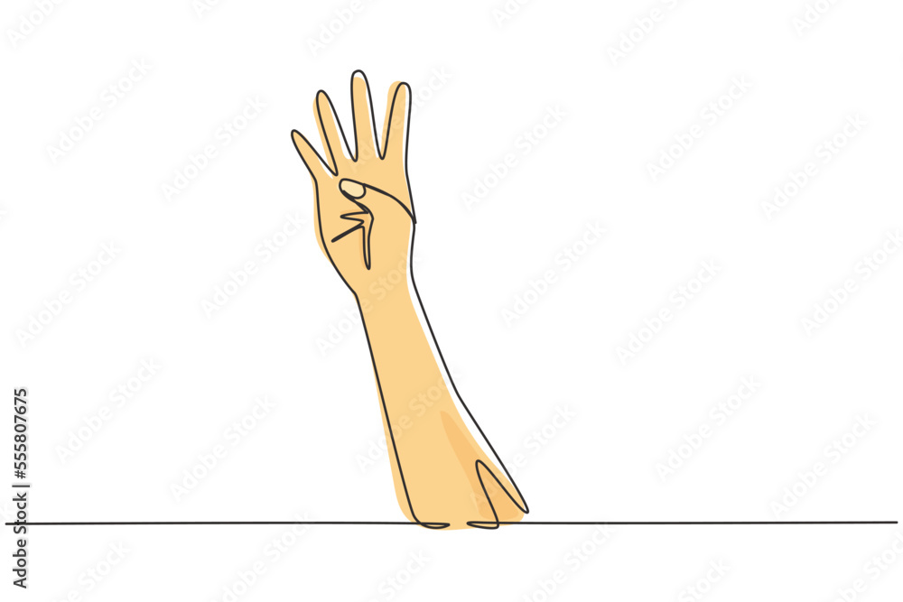 Poster single continuous line drawing hand count number four. learn to count numbers. the concept of educat