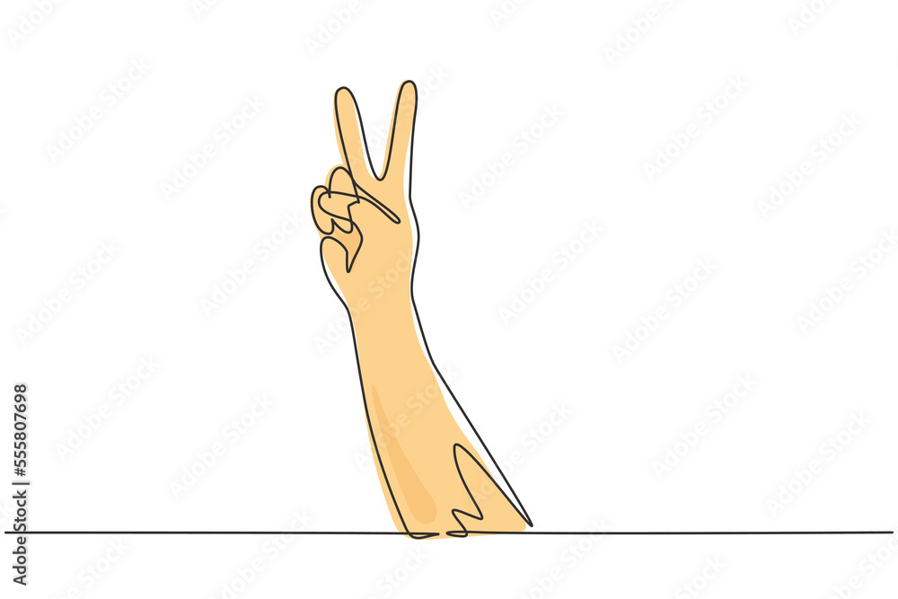 Poster single one line drawing symbol of peace. number two hand count. learn to count numbers. concept of e