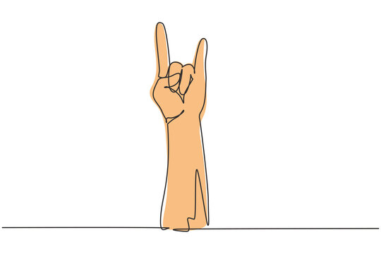 Single one line drawing rock on gesture symbol. Heavy metal hand gesture. Nonverbal signs or symbols. Hand variation shape concept. Modern continuous line draw design graphic vector illustration