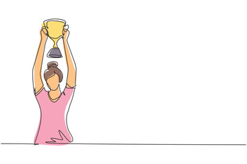 Single continuous line drawing female athlete wearing sports jersey lifting gold trophy with both hands. Celebrating victory of national competition. One line draw graphic design vector illustration