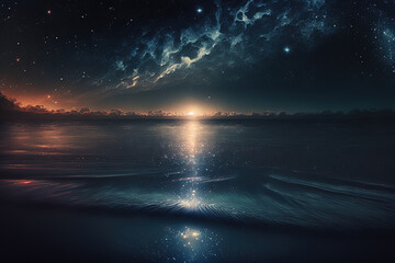 Fototapeta na wymiar Starry night at sea with a nebula, star fall, and water reflections on the horizon. Generative AI