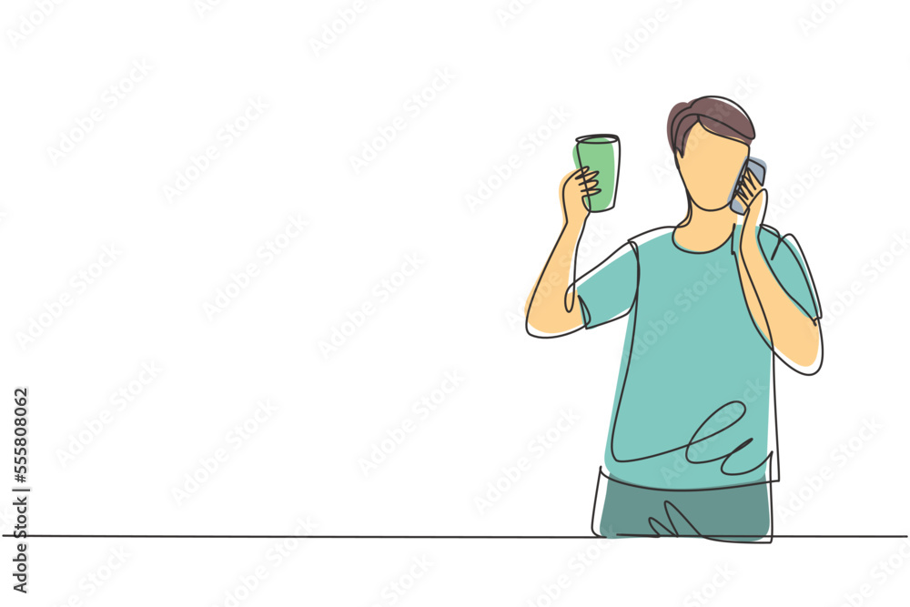 Aufkleber single continuous line drawing young handsome man drinking orange juice while making phone call with