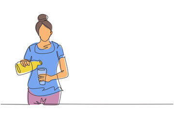 Single one line drawing young beautiful woman pouring orange juice into glass from bottle while having breakfast at home. Healthy lifestyle. Continuous line draw design graphic vector illustration