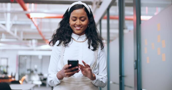 Black woman, smartphone and walking in modern office, social media and connectivity. African American female, employee or entrepreneur with phone, communication and search internet for online reading