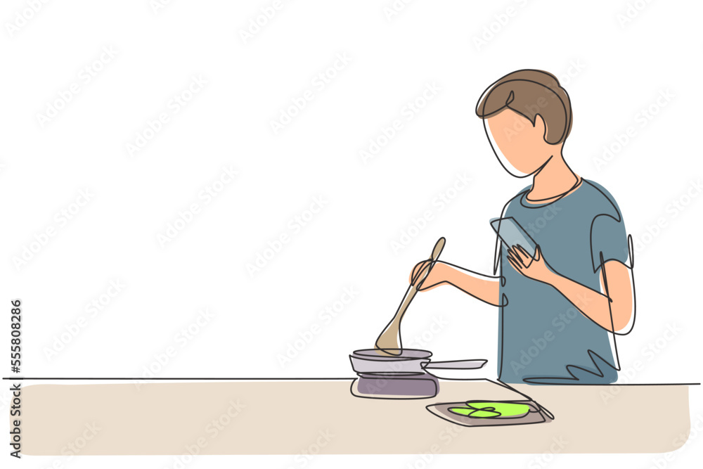 Aufkleber continuous one line drawing handsome husband is cooking while looking at tutorial on smartphone. lea
