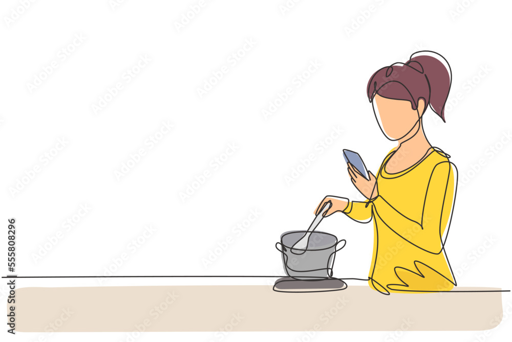 Poster single one line drawing beautiful wife is cooking while looking at tutorial on smartphone. learn to 