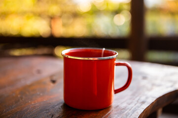 orange enamel cup in morning light