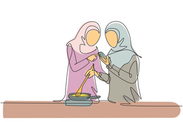 Continuous one line drawing side view of young Arab woman using straw and drinking smoothie juice from plastic cup. Make her refreshing in summer. Single line draw design vector graphic illustration