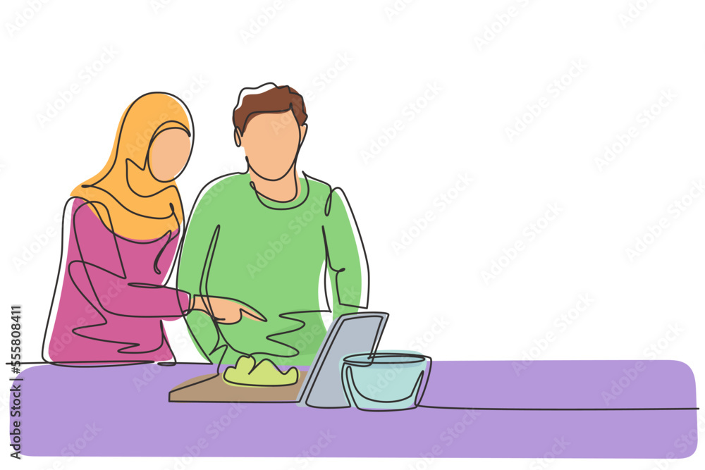 Poster single continuous line drawing romantic arab couple cooking together while watching tutorial from ta