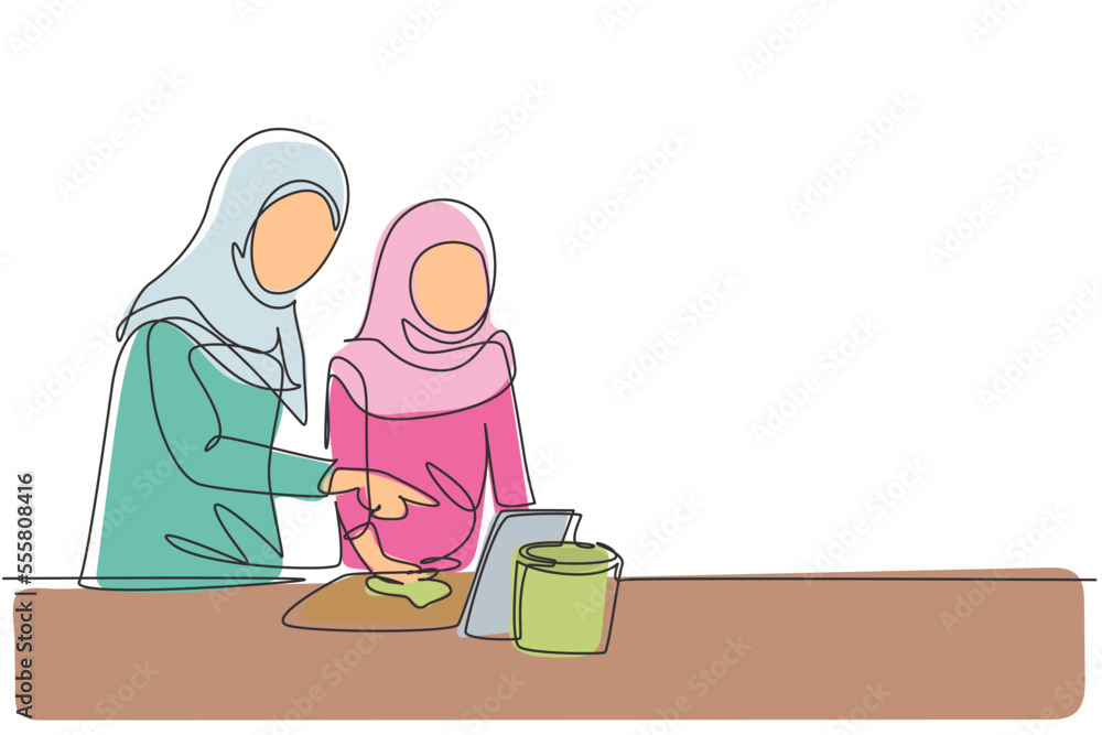 Poster single continuous line drawing arabian mother and daughter cooking together while watching tutorial 