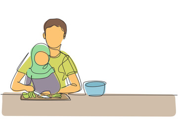 Continuous one line drawing Arabian father teaching his little daughter to cut vegetables and fruit. Healthy food at home. Happy family in kitchen. Single line draw design vector graphic illustration