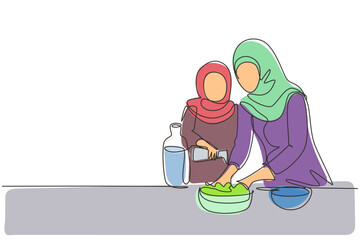 Single continuous line drawing Arabian little daughter helping her mother make dough by adding olive oil. Pastry preparation in cozy kitchen at home. One line draw graphic design vector illustration