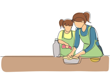 Single one line drawing cute little daughter helping her mother make dough by adding olive oil. Pastry preparation in cozy kitchen at home. Continuous line draw design graphic vector illustration