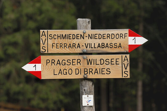 Destination Signs for Hiking Trails, Dolomites, South Tyrol, Italy
