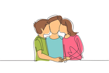 Single one line drawing portrait of children kissing their father. Fathers day concept. Family holiday. Love of children with their father. Continuous line draw design graphic vector illustration