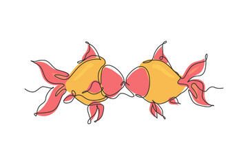 Single continuous line drawing two goldfishes kissing underwater. Pair of cute pets. Live in aquarium together. Happy romantic couple symbol. Dynamic one line draw graphic design vector illustration