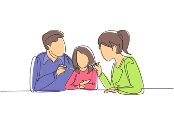 Continuous one line drawing young family having fun together in restaurant. Parents feeds they daughter with love. Happy little family concept. Single line draw design vector graphic illustration