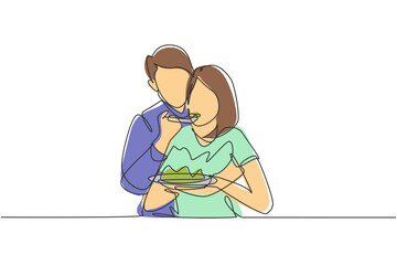 Single one line drawing romantic man feeding wife for breakfast. Celebrate wedding anniversaries and enjoy romantic moment at home. Modern continuous line draw design graphic vector illustration