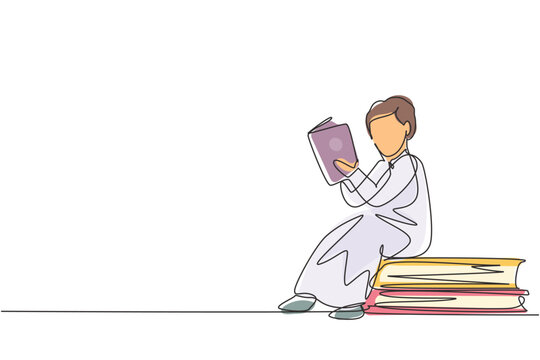 Single continuous line drawing Arabian little boy reading, learning and sitting on big books. Study at home. Smart student, education concept. Dynamic one line draw graphic design vector illustration