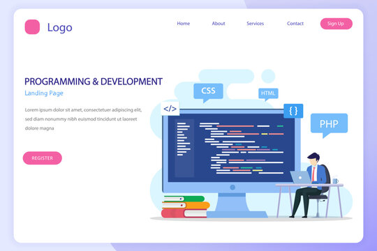 Programmers at work concept, People work on table using laptops programming and coding, programming languages. css, html, PHP, ui. Flat vector template style Suitable for Web Landing Pages.