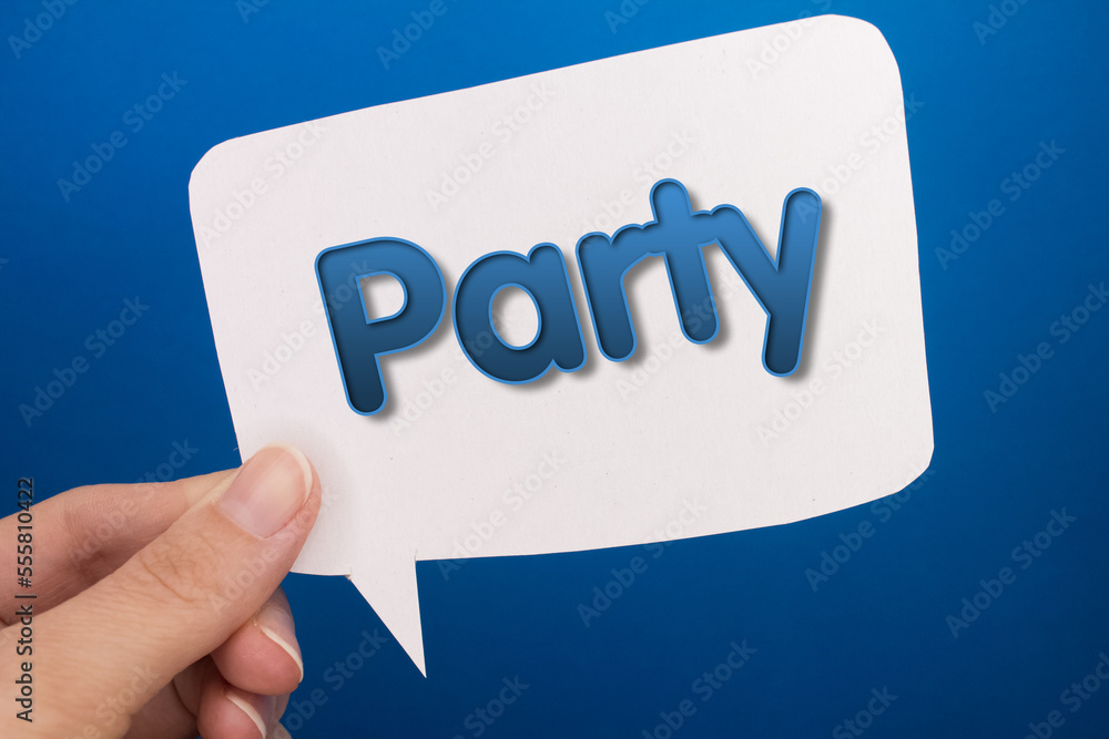 Poster speech bubble in front of colored background with party text.
