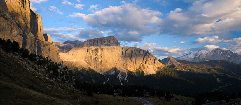 Marmolada, Sass Pordoi and Piz Boe, View From Sella Pass, South Tyrol, Trentino-Alto Adige, Dolomites, Italy
