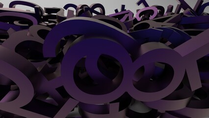 Many purple three dimensional numeric characters that push against each other and make noise on gray board. Concept 3D CG of chaotic state of society, unresolved problem and fractal analysis.