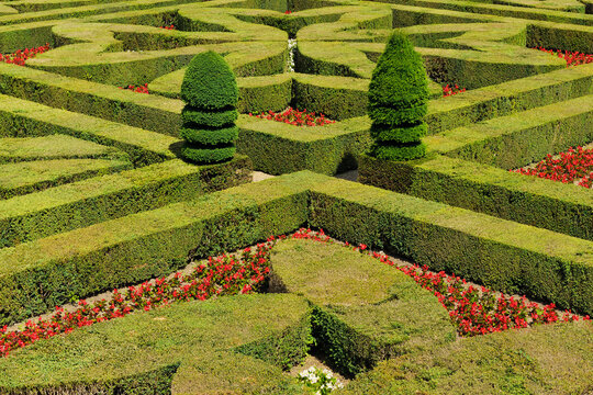 Elevated view of formal hedged garden of Villandry castle. The renaissance castle is famous for its gardens, created from 16th century designs. UNESCO World Heritage Site. Villandry Castle, Chateau de