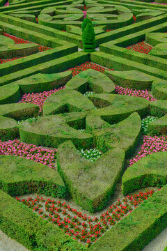 Elevated views of formal hedged garden of Villandry castle. The renaissance castle is famous for its gardens, created from 16th century designs. UNESCO World Heritage Site. Villandry Castle, Chateau d