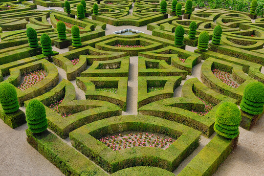 Elevated view of formal hedged garden of Villandry castle. The renaissance castle is famous for its gardens, created from 16th century designs. UNESCO World Heritage Site. Villandry Castle, Chateau de