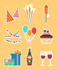 Happy New Year 2023. Festive realistic decoration. Celebrate 2023 party, set of stickers to celebrate a merry new year.