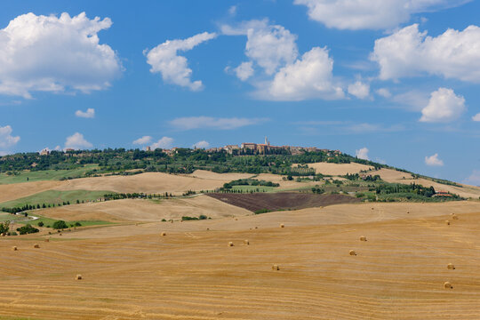 Harvested Wheat Fields with Pienza in Background, Val d Orcia, Siena Province, Tuscany, Italy