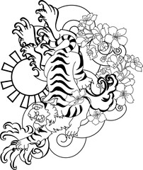 colorful traditional tattoo style Tiger face with cherry blossom and hibiscus flower on could and red rising sun background.Chinese Tiger roaring tattoo.