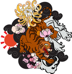 colorful traditional tattoo style Tiger face with cherry blossom and hibiscus flower on could and red rising sun background.Chinese Tiger roaring tattoo.