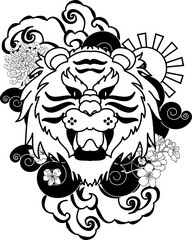 colorful traditional tattoo style Tiger face with cherry blossom and hibiscus flower on could and red rising sun background.Chinese Tiger roaring tattoo.