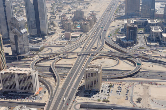 Aerial View of Traffic Junction of Sheikh Zayed Road, Dubai, United Arab Emirates
