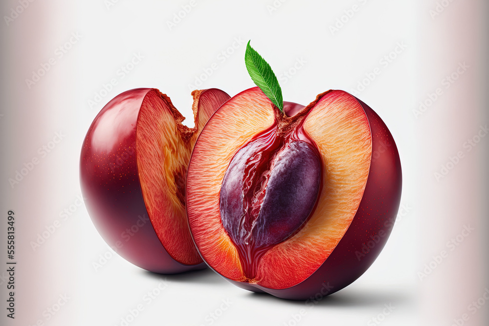 Poster red plums that have been split in half and are isolated on a white backdrop. generative ai