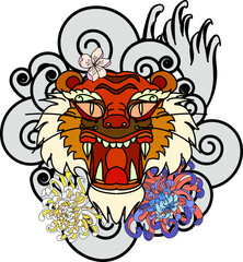 colorful traditional tattoo style Tiger face with cherry blossom and hibiscus flower on could and red rising sun background.Chinese Tiger roaring tattoo.